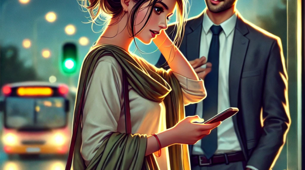 DALL·E 2025-02-05 10.28.34 - A digital painting of a young woman standing at a bus stop in the evening, holding her phone and nervously fixing her hair, which is tied in a neat po