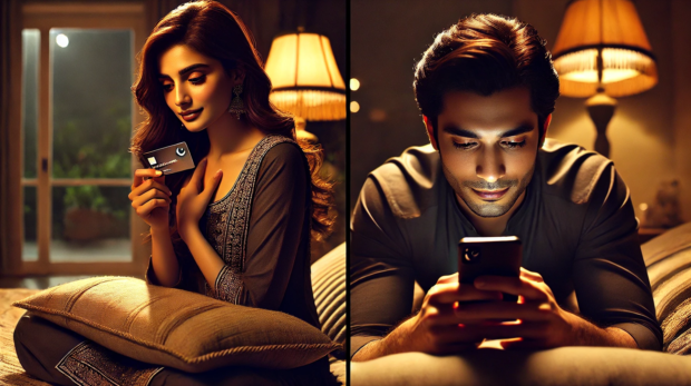 DALL·E 2025-02-10 11.58.11 - A young Pakistani woman sits on her bed at night, holding a visiting card close to her heart with a shy smile. She has deep brown eyes reflecting long