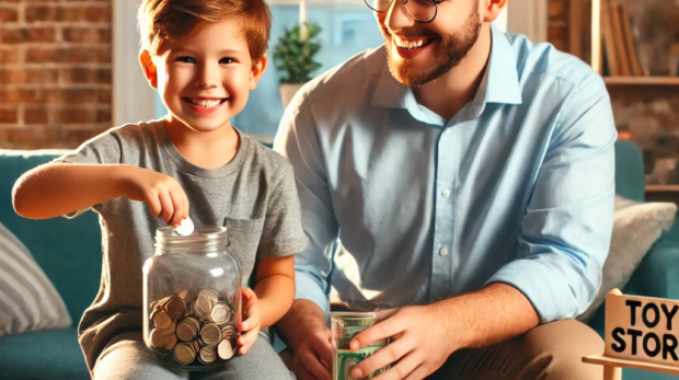 DALL·E 2025-02-17 10.19.19 - A cheerful scene of a parent teaching their child about money in a fun way. The child, around 7-10 years old, is excitedly putting coins into a clear