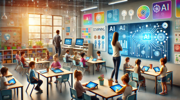 DALL·E 2025-02-19 09.57.44 - A modern classroom filled with young children engaged in learning using AI-powered devices. Some kids are using tablets with educational AI apps, whil