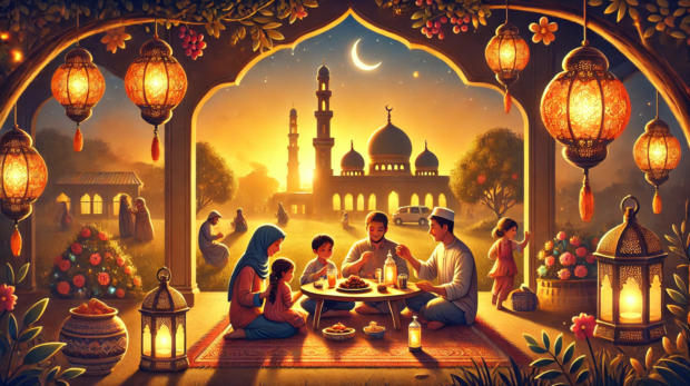 DALL·E 2025-03-03 10.15.07 - An illustration of a peaceful Ramadan scene at sunset. A beautifully lit mosque stands in the background, with a glowing crescent moon in the sky. In