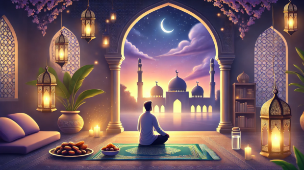 DALL·E 2025-03-04 09.54.54 - An illustration of a peaceful Ramadan setting. A person sits on a prayer mat, appearing refreshed and energized after fasting. In the background, a be