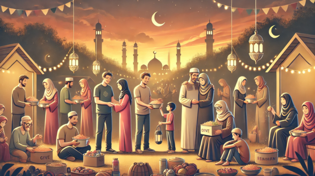 DALL·E 2025-03-05 09.37.29 - A heartwarming illustration of people from different backgrounds coming together to give and help others during Ramadan. The scene is set in a peacefu
