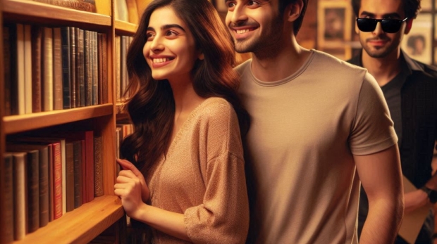 A cozy library with warm lighting, wooden shelves lined with books. Zoya and Daniyal stand near a sh (1)