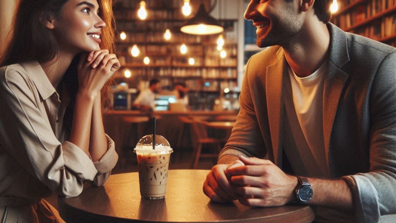 A cozy, softly lit café with warm yellow lights. Zoya and Daniyal sit across from each other at a sm