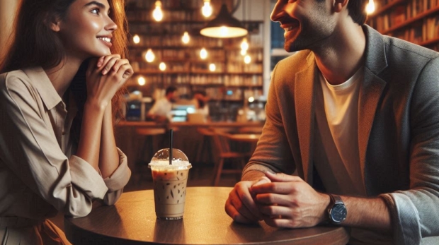 A cozy, softly lit café with warm yellow lights. Zoya and Daniyal sit across from each other at a sm