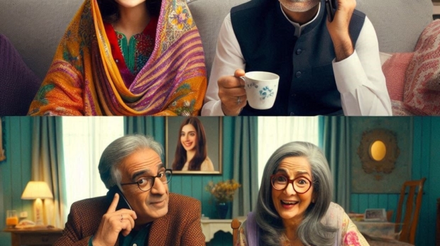 Split-screen image of two pakistani families on a video call no white hair please for both parents j