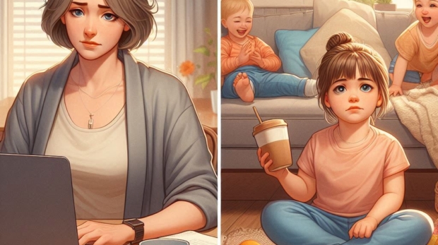 A realistic, side-by-side visual__Left side A parent sitting at a laptop at office, looking tired