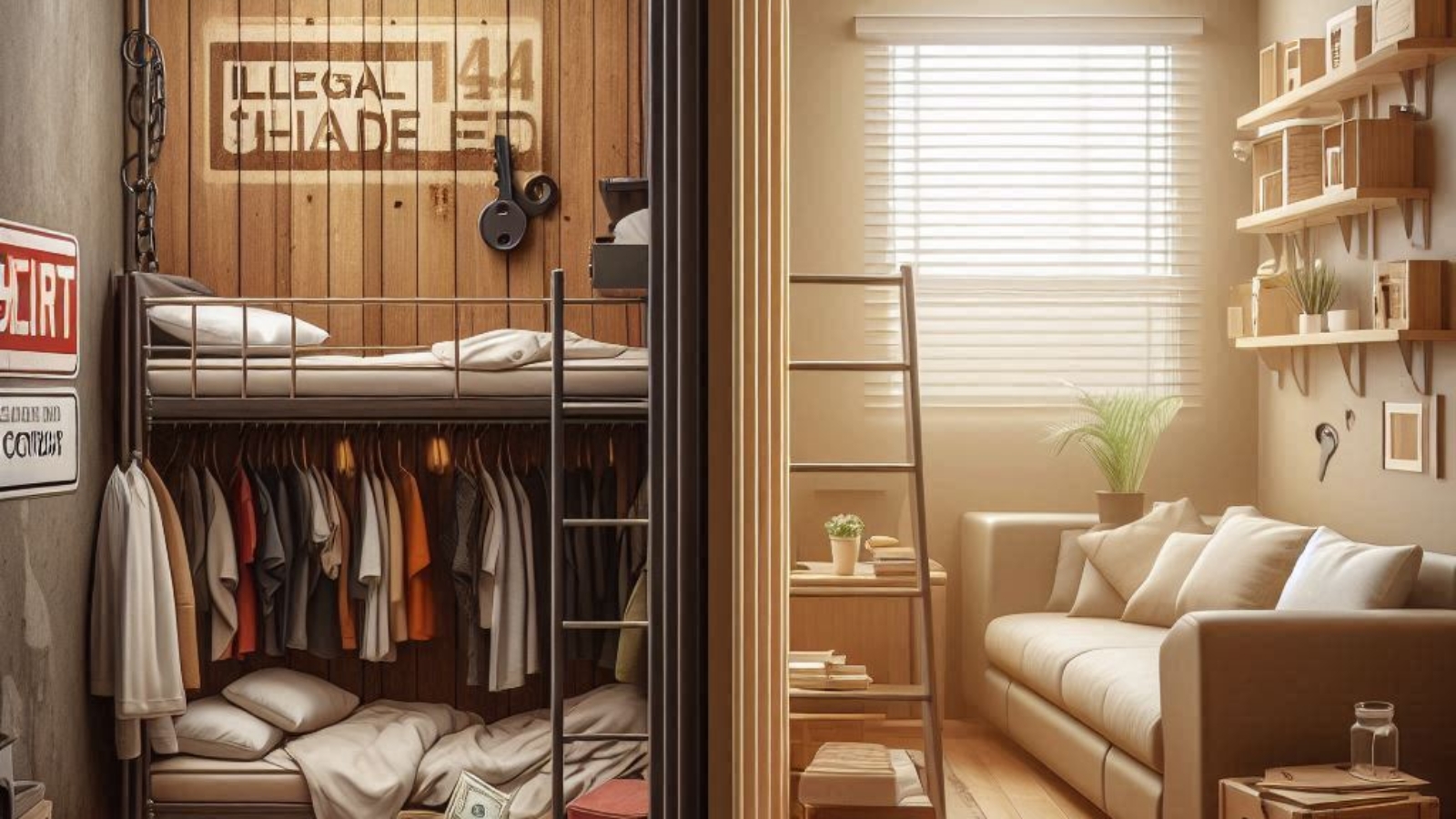 A split image showing two housing scenes__Left side A small crowded room with wooden partitions an