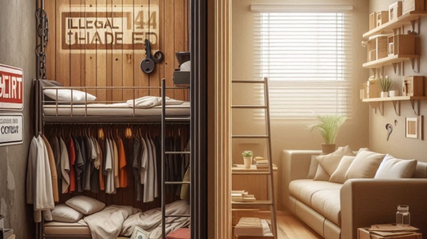 A split image showing two housing scenes__Left side A small crowded room with wooden partitions an