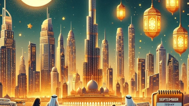 Beautiful UAE holiday illustration – Dubai skyline with Burj Khalifa glowing in night lights, cresce (1)