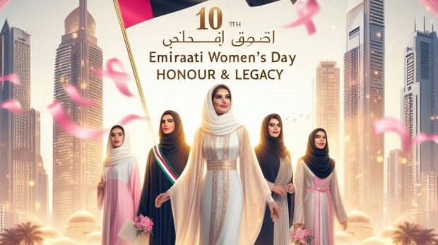 Elegant Emirati Women’s Day 2025 celebration in the UAE, with Emirati women in traditional abayas st