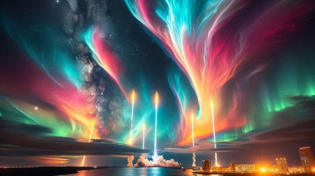 Stunning East Coast night sky glowing with colorful clouds from NASA’s TOMEX Mission, rockets launc
