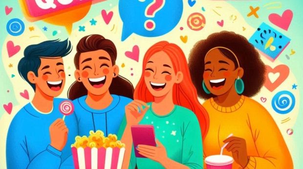 A colorful, fun digital illustration of a group of friends laughing together—one friend holding a ph