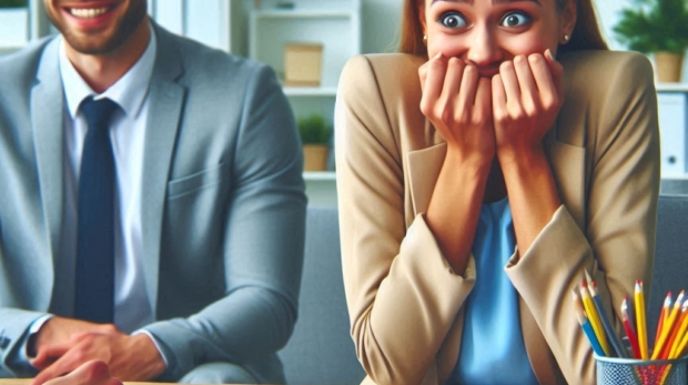 A lighthearted office interview scene — candidate looking embarrassed Bright, funny, realistic work (1)