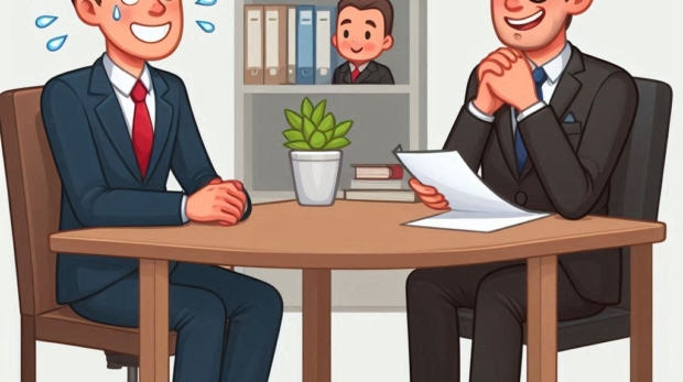 Cartoon-style office interview scene nervous candidate, awkward smile, fidgeting hands, while a cal (1)