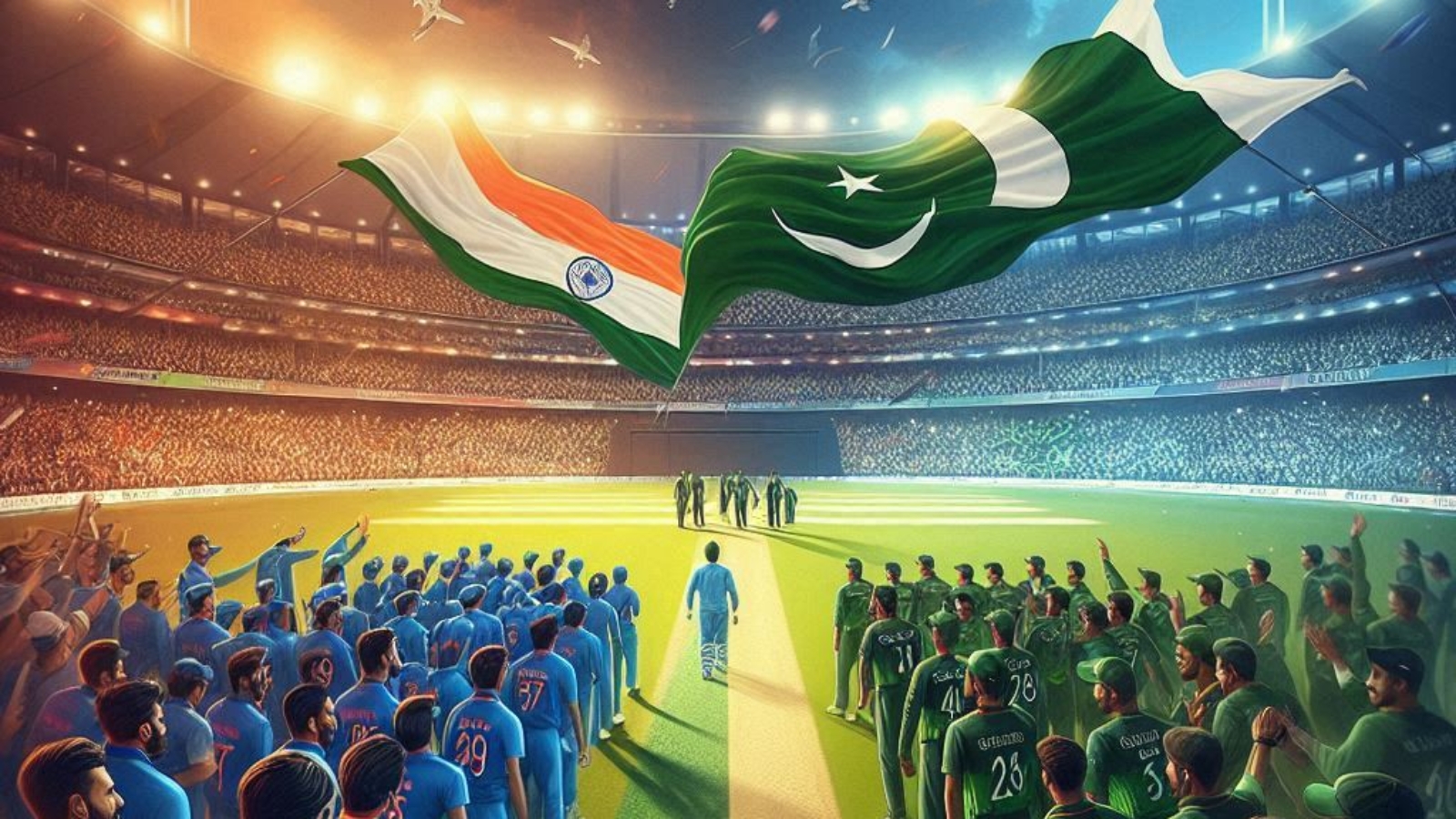 India vs Pakistan cricket match scene — stadium full of emotional fans, Pakistani supporters holding