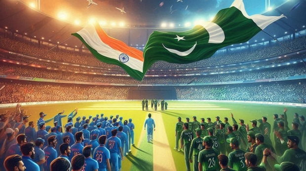 India vs Pakistan cricket match scene — stadium full of emotional fans, Pakistani supporters holding