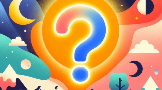 Minimalist and eye-catching quiz design – a big bold question mark glowing in the center, colorful a