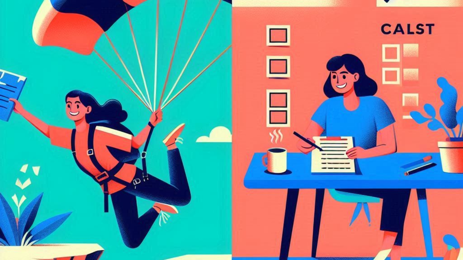 Modern quiz-style illustration A split-screen visual.__Left side A bold person jumping off a cliff