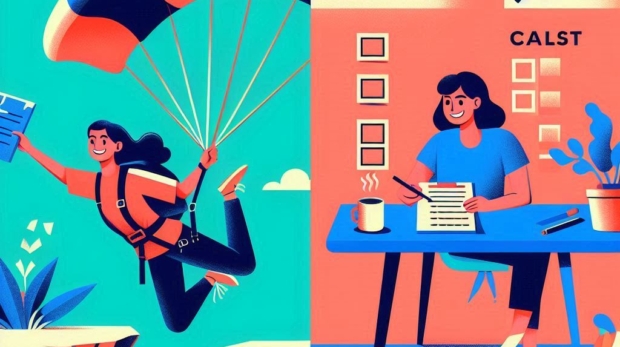 Modern quiz-style illustration A split-screen visual.__Left side A bold person jumping off a cliff