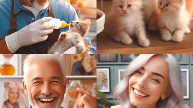 A cheerful collage showing___a man bottle-feeding kittens,__an elderly man smiling at work,__a woma (1)