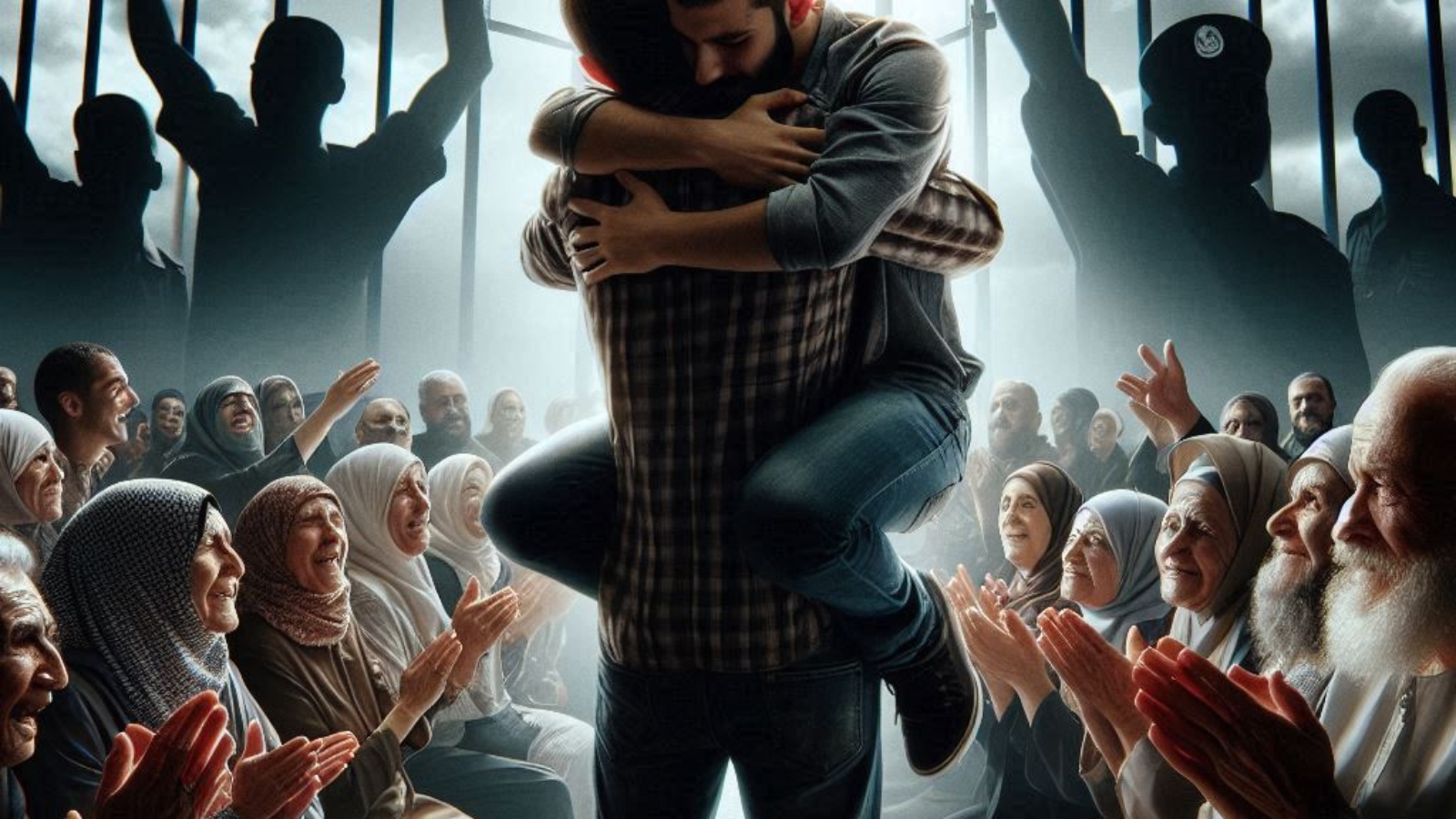 A powerful, emotional image families embracing freed hostages, tearful scenes of reunion at border;