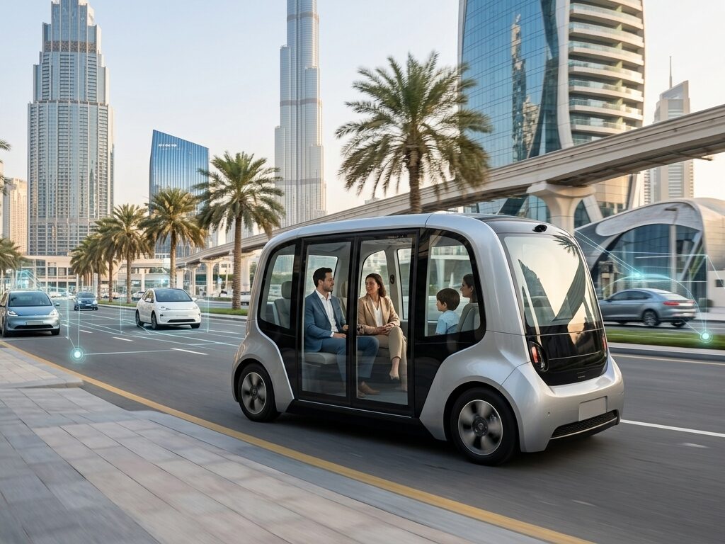 Driverless electric robotaxi traveling on a Dubai road