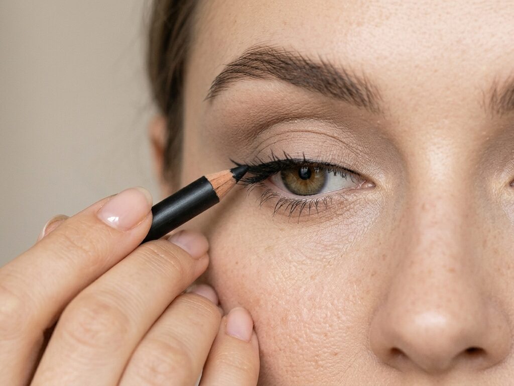 Beginner applying eyeliner along upper lash line