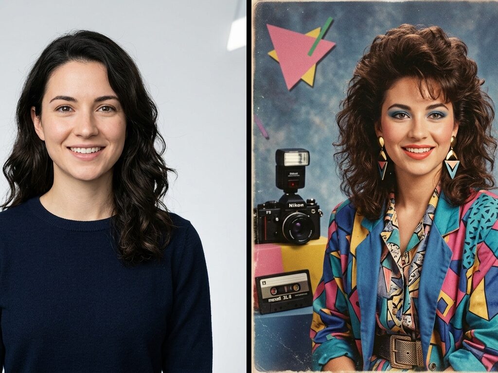 80s AI photo transformation from a modern portrait to a retro photo